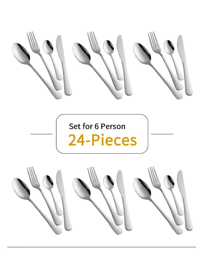 24-Piece Stainless Steel Cutlery Set Kitchen Utensils Set Surface Texture-Free Western Tableware Suitable For Home Kitchen Restaurant Hotel Party Dining Picnic Dining Exquisite Packaging Gift Silver