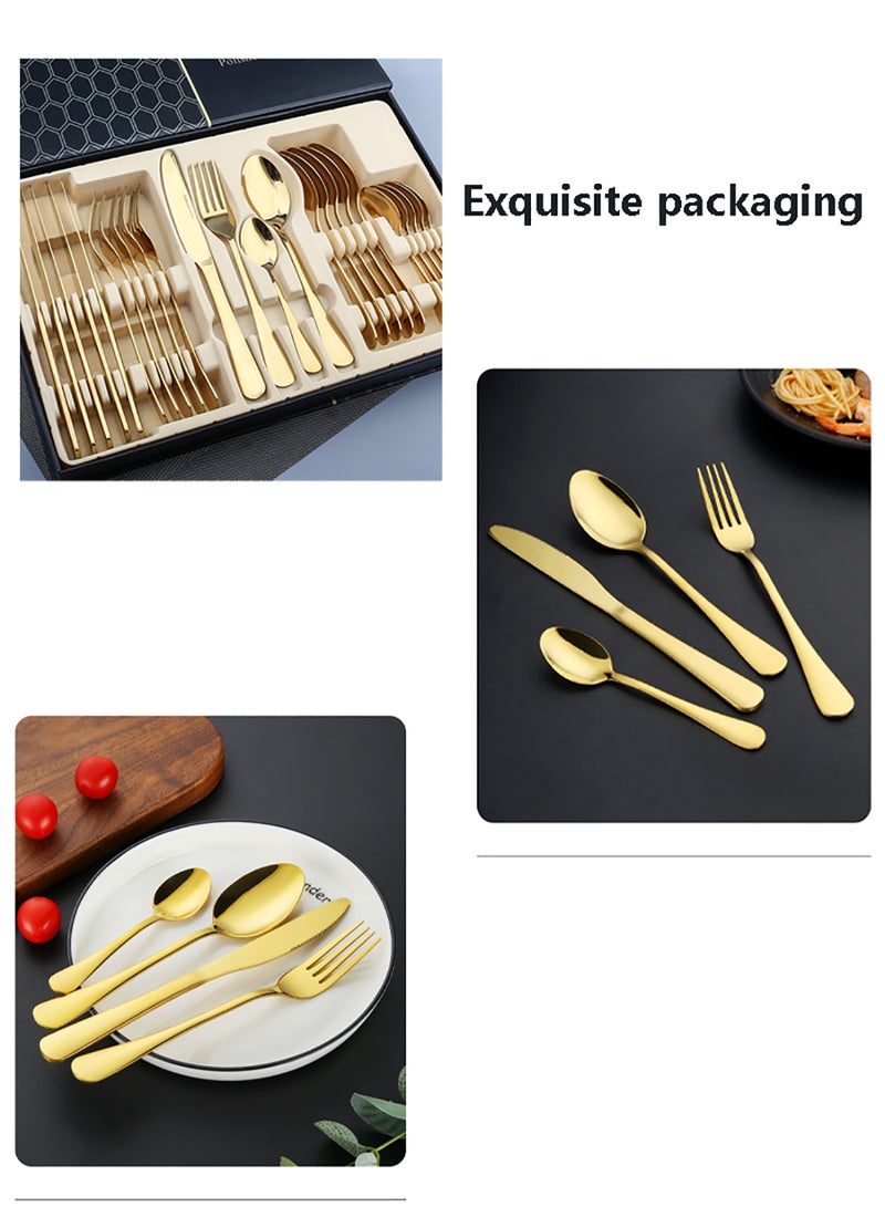 Sunhome 24-Piece Stainless Steel Cutlery Set With No Texture On The Surface Kitchen Utensil Set Western Tableware Suitable For Home Kitchen Restaurant Hotel Party Dining Picnic Dining Exquisite Packaging For Gifts Gold  - Image 4