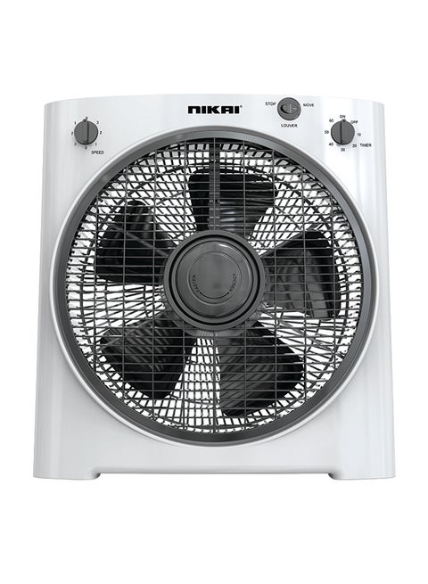 12” Box Fan With Timer, 5 PP Blades, 3 Speeds, Rotating Grill, 60-Min Timer, Energy-Efficient, Child Safe Personal Desk Fan, Ideal For Office, And Home NF755N2 Grey