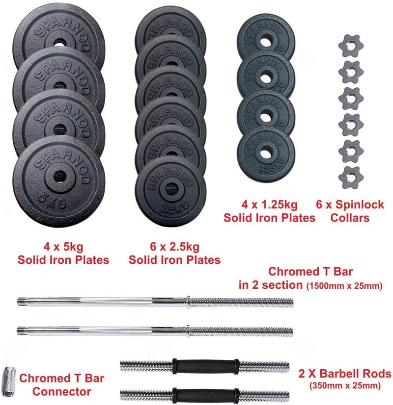 Sparnod Fitness Adjustable Dumbbell & Barbell Weight Set With 4 Rods And 14 Plates - Dumbbells Anti-Slip Grip 50kg - Image 4