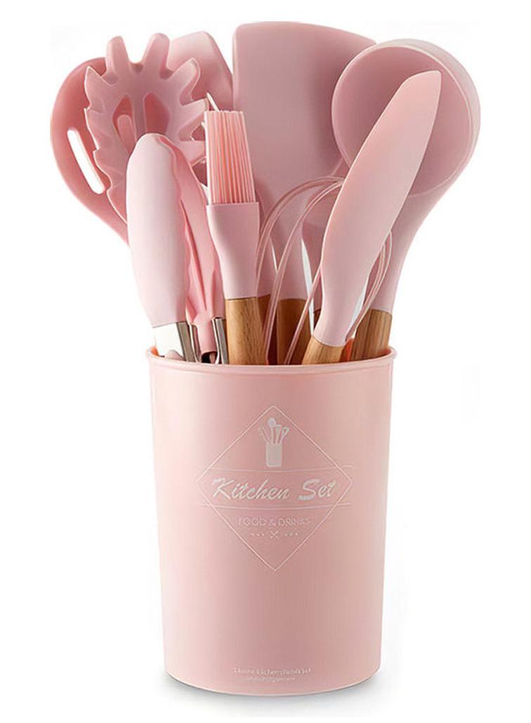 11-Piece Of Silicone Non-Stick Kitchenware Set Pink 33.5 x 12.5 x 12.5cm