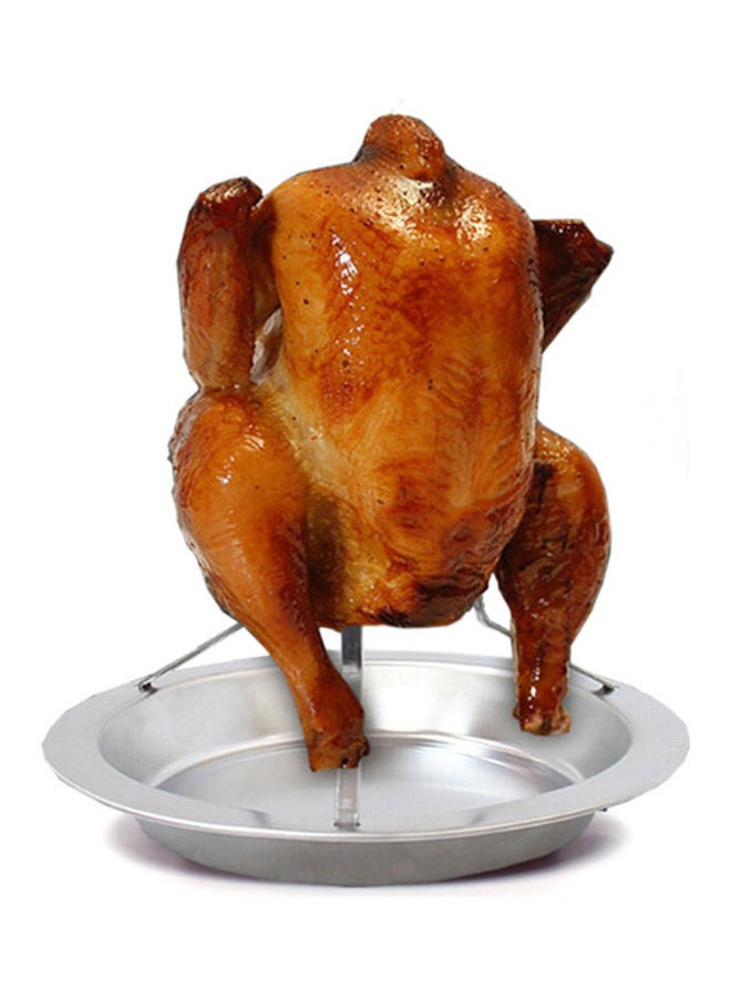 Generic Stainless Steel Vertical Rack Chicken Roaster With Stand Holder And Drip Pan For Oven Silver 19.5*2.5*19.5cm  - Image 1