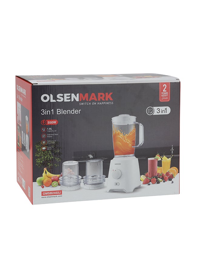3 In 1 Blender With Stainless Steel Blades, Safety Lock Protection, Powerful Motor, 1.6 Litre Capacity Jar 1.6 L 550 W OMSB2402N White