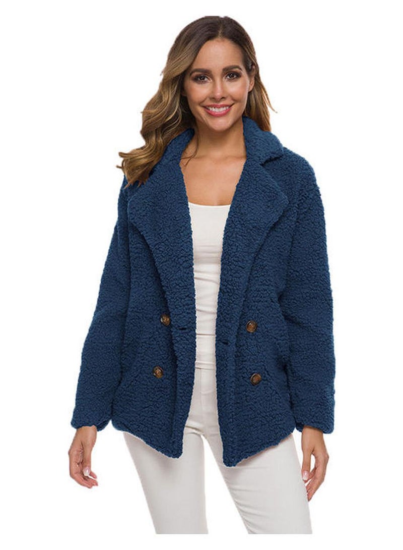 Double-Breasted Loose Lamb Fur Coat Dark Blue