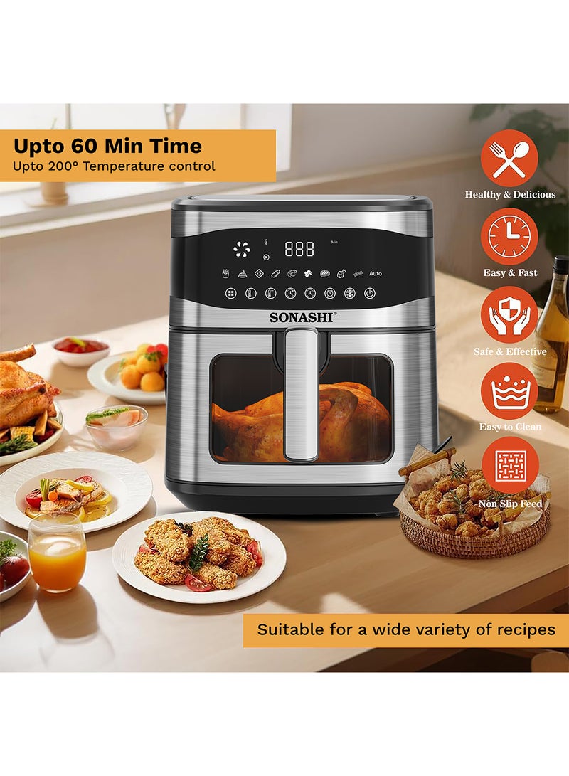 SONASHI - Digital Air Fryer With 6.5L Total Capacity | Cool Touch Housing | LED Display with Touch Screen | Electric Air Fryer | Suitable for Frying, Grilling, Broiling, Roasting, and Baking 6.5 L 1600 W SAF-620 Black/Silver - Image 1