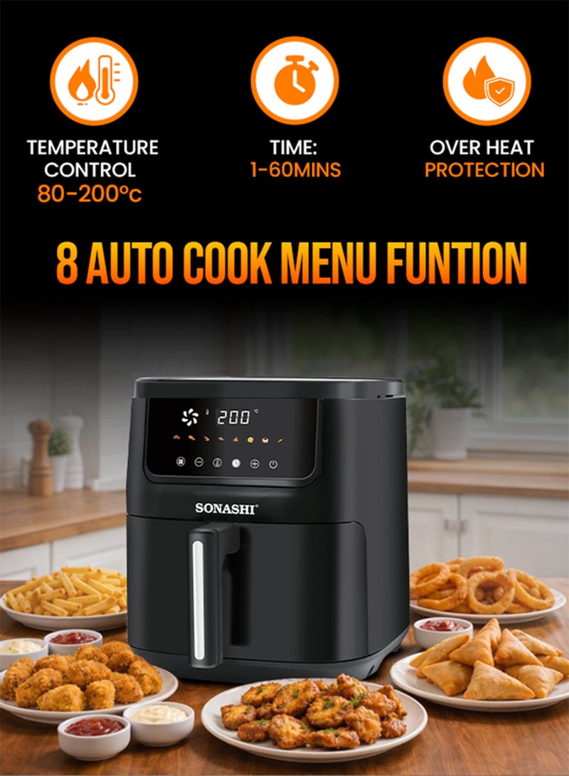 SONASHI Digital Air Fryer | 6.5L Non-Stick Pan | Colorful LED Touch Display | 8 Auto-Cook Menus with Shake Reminder | 360° Air Circulation | Automatic Shut-Off & Overheat Protection | 1600W SAF-620 Black 6.5 L 1600 W SAF-620 Black/Silver - Image 5