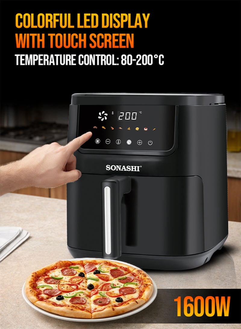 SONASHI Digital Air Fryer | 6.5L Non-Stick Pan | Colorful LED Touch Display | 8 Auto-Cook Menus with Shake Reminder | 360° Air Circulation | Automatic Shut-Off & Overheat Protection | 1600W SAF-620 Black 6.5 L 1600 W SAF-620 Black/Silver - Image 2