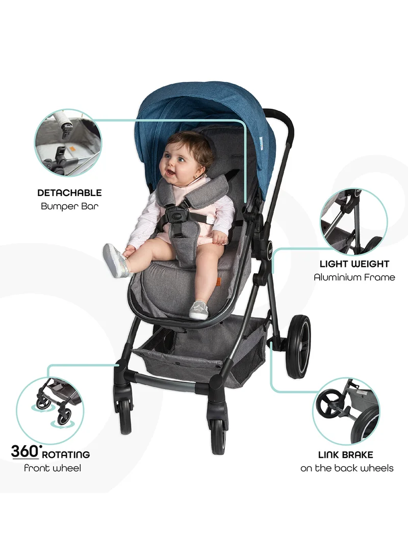 Moon Convertible 2-in-1 stroller with reversible seat and carrycot for 0–3Y (0–18kg). Lightweight, foldable, and travel-friendly. Cradle-style bassinet. Blue color.
