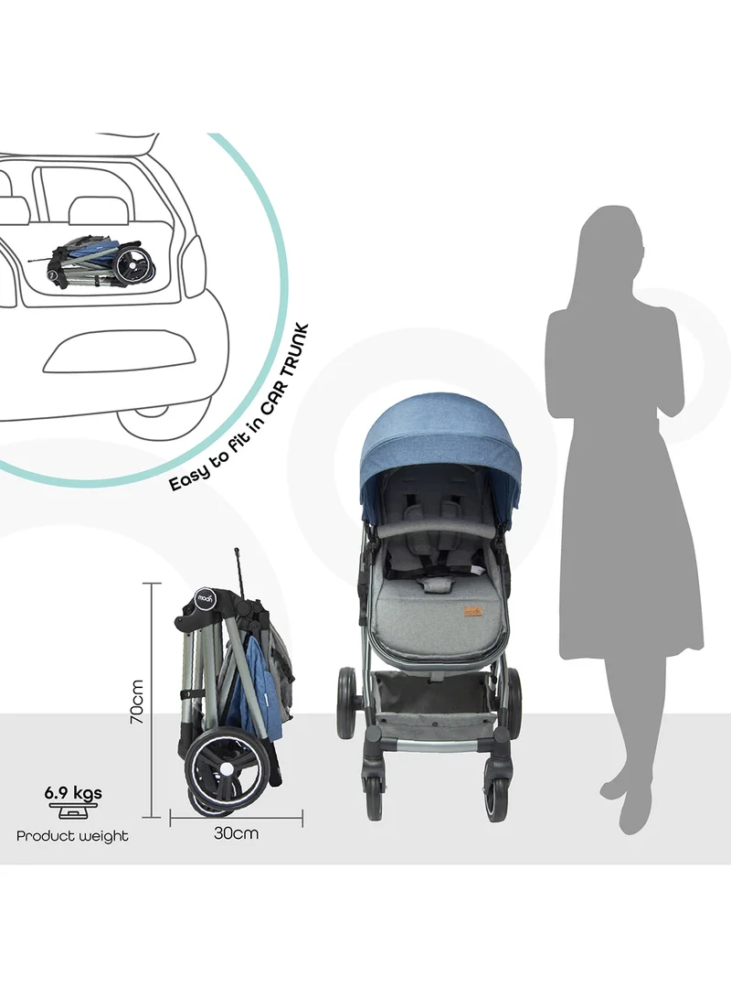 Moon Convertible 2-in-1 stroller with reversible seat and carrycot for 0–3Y (0–18kg). Lightweight, foldable, and travel-friendly. Cradle-style bassinet. Blue color.
