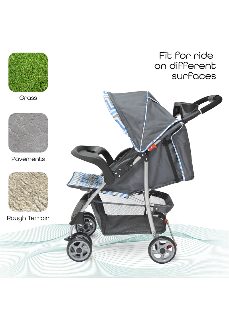 مون Trek Baby Stroller – One-Hand Fold, Safety Lock, Dual Tray, Leg Rest, Multi-Recline, 0m+ to 24kg – Blue Stripes