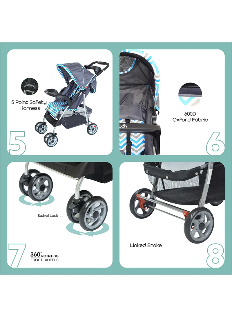 مون Trek Baby Stroller – One-Hand Fold, Safety Lock, Dual Tray, Leg Rest, Multi-Recline, 0m+ to 24kg – Blue Stripes