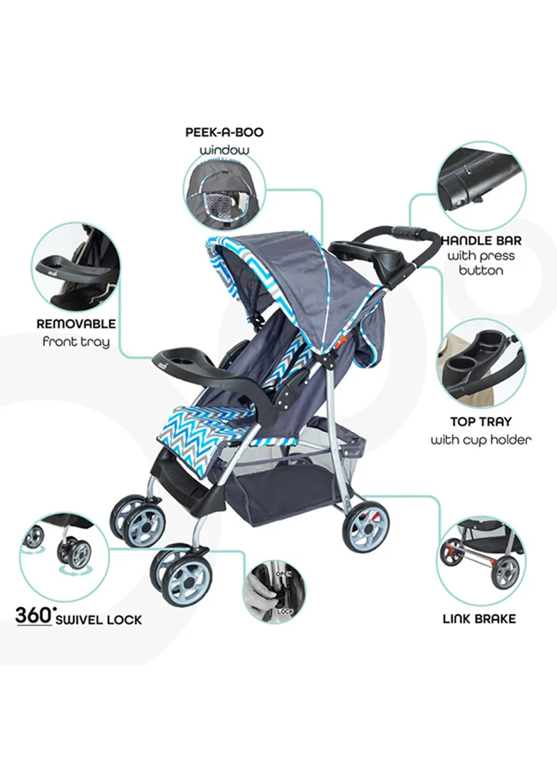 مون Trek Baby Stroller – One-Hand Fold, Safety Lock, Dual Tray, Leg Rest, Multi-Recline, 0m+ to 24kg – Blue Stripes