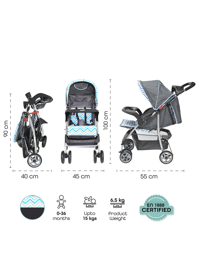 مون Trek Baby Stroller – One-Hand Fold, Safety Lock, Dual Tray, Leg Rest, Multi-Recline, 0m+ to 24kg – Blue Stripes
