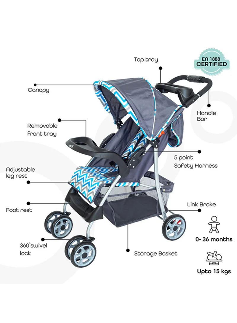 مون Trek Baby Stroller – One-Hand Fold, Safety Lock, Dual Tray, Leg Rest, Multi-Recline, 0m+ to 24kg – Blue Stripes