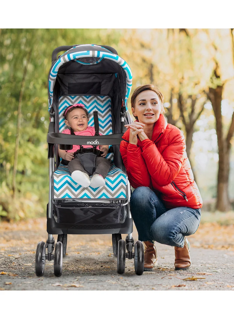 مون Trek Baby Stroller – One-Hand Fold, Safety Lock, Dual Tray, Leg Rest, Multi-Recline, 0m+ to 24kg – Blue Stripes