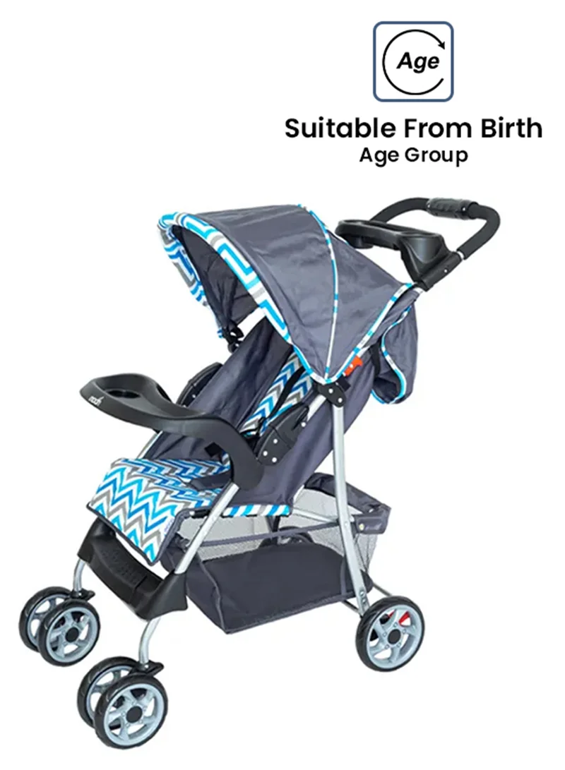 مون Trek Baby Stroller – One-Hand Fold, Safety Lock, Dual Tray, Leg Rest, Multi-Recline, 0m+ to 24kg – Blue Stripes