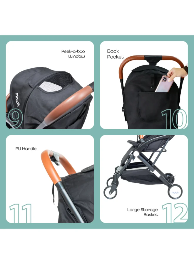 Moon Baby Ritzi - Cabin Stroller With Five-Point Seatbelts And Cushioned Shoulder Straps, 0 To 3 Years, 0 - 18 Kg, Oxford Black