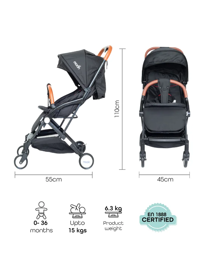 Moon Baby Ritzi - Cabin Stroller With Five-Point Seatbelts And Cushioned Shoulder Straps, 0 To 3 Years, 0 - 18 Kg, Oxford Black