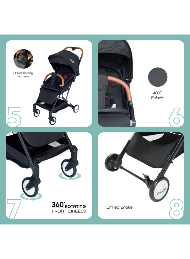 Moon Baby Ritzi - Cabin Stroller With Five-Point Seatbelts And Cushioned Shoulder Straps, 0 To 3 Years, 0 - 18 Kg, Oxford Black
