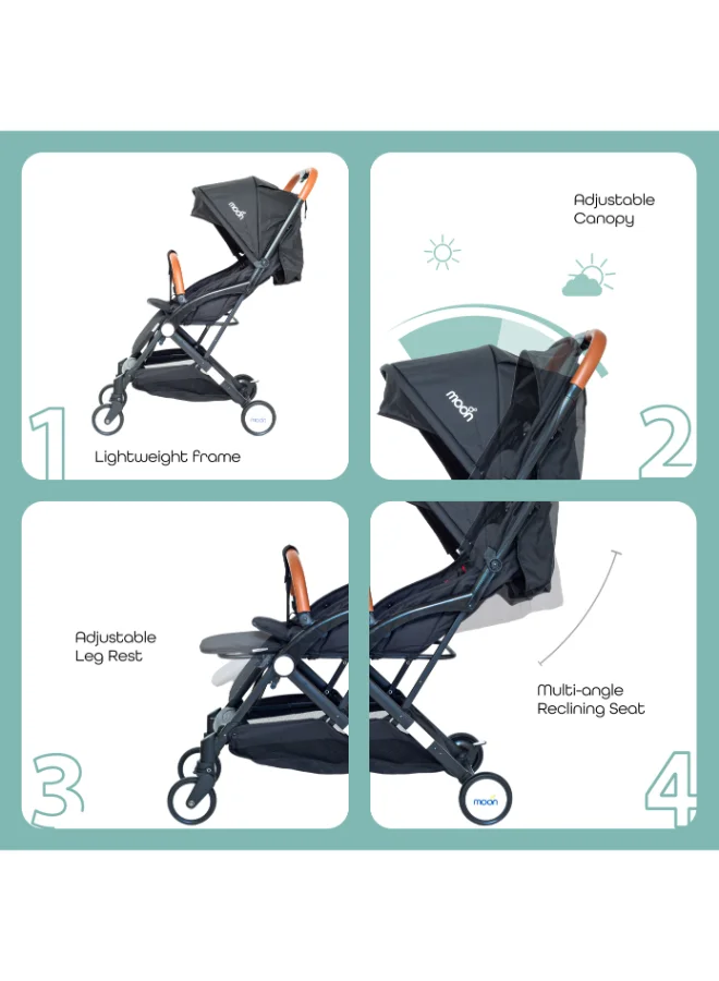 Moon Baby Ritzi - Cabin Stroller With Five-Point Seatbelts And Cushioned Shoulder Straps, 0 To 3 Years, 0 - 18 Kg, Oxford Black