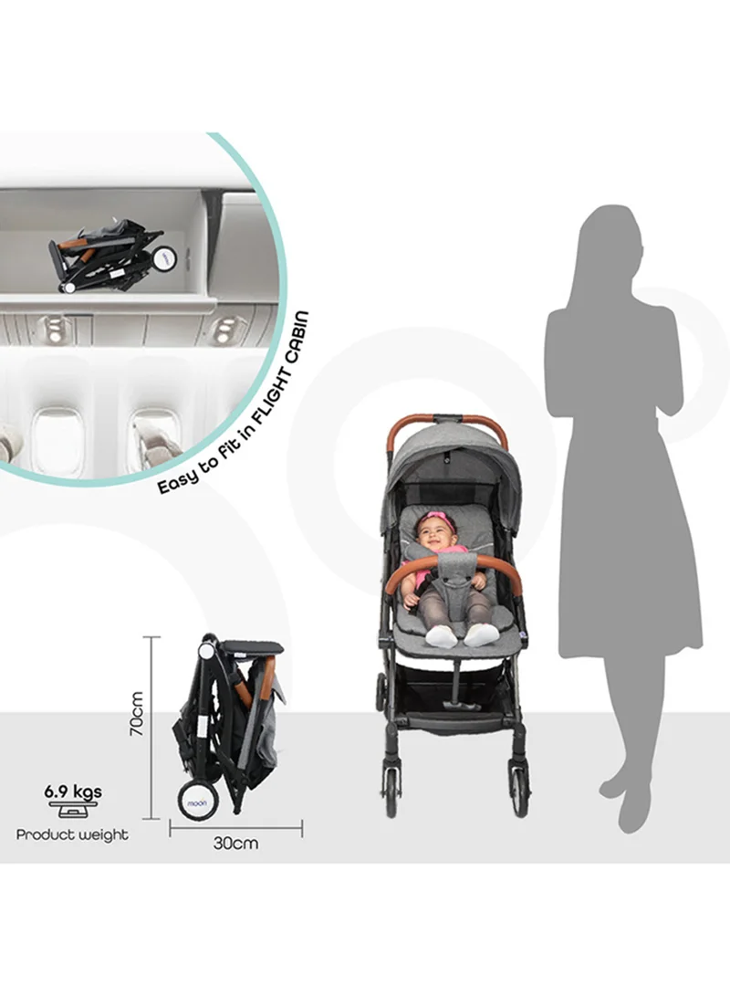 Moon Ritzi Ultra-Lightweight, Compact Fold Baby Cabin Travel Stroller With Multi-Postion Reclining Seat, Storage Basket And Shoulder Strap, Upto 18 Kg, 0 - 3 Years, Grey
