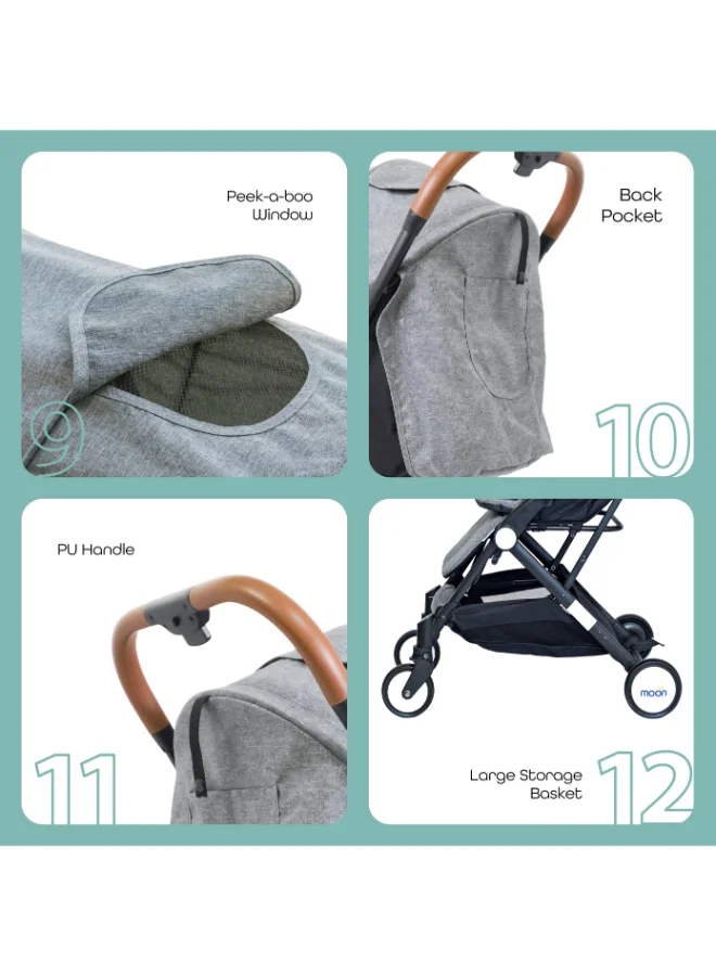 Moon Ritzi Ultra-Lightweight, Compact Fold Baby Cabin Travel Stroller With Multi-Postion Reclining Seat, Storage Basket And Shoulder Strap, Upto 18 Kg, 0 - 3 Years, Grey