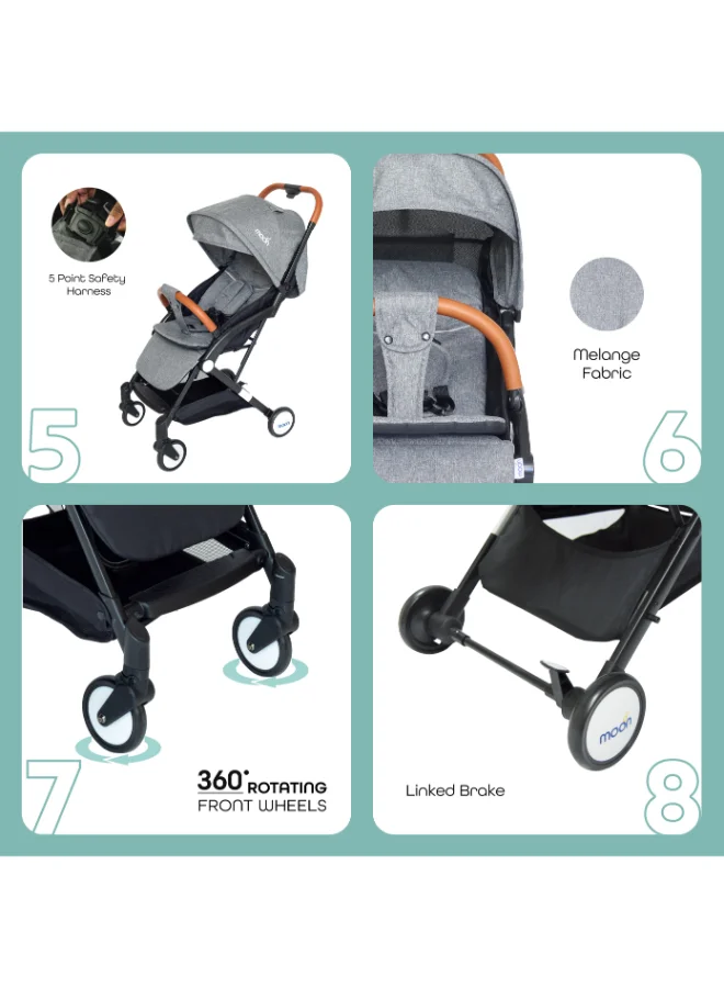 Moon Ritzi Ultra-Lightweight, Compact Fold Baby Cabin Travel Stroller With Multi-Postion Reclining Seat, Storage Basket And Shoulder Strap, Upto 18 Kg, 0 - 3 Years, Grey