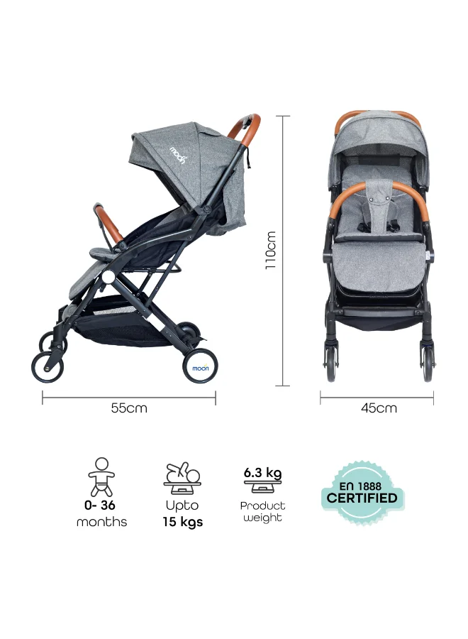 Moon Ritzi Ultra-Lightweight, Compact Fold Baby Cabin Travel Stroller With Multi-Postion Reclining Seat, Storage Basket And Shoulder Strap, Upto 18 Kg, 0 - 3 Years, Grey