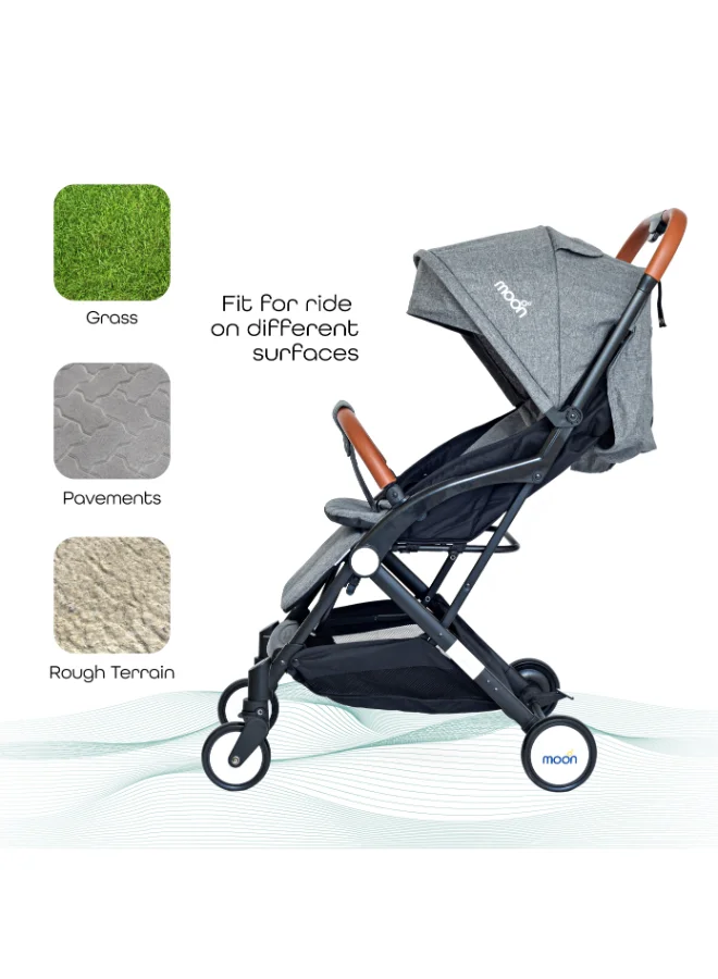 Moon Ritzi Ultra-Lightweight, Compact Fold Baby Cabin Travel Stroller With Multi-Postion Reclining Seat, Storage Basket And Shoulder Strap, Upto 18 Kg, 0 - 3 Years, Grey