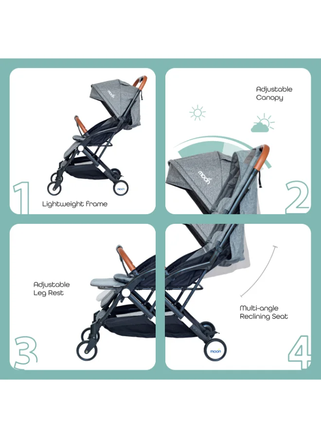 Moon Ritzi Ultra-Lightweight, Compact Fold Baby Cabin Travel Stroller With Multi-Postion Reclining Seat, Storage Basket And Shoulder Strap, Upto 18 Kg, 0 - 3 Years, Grey