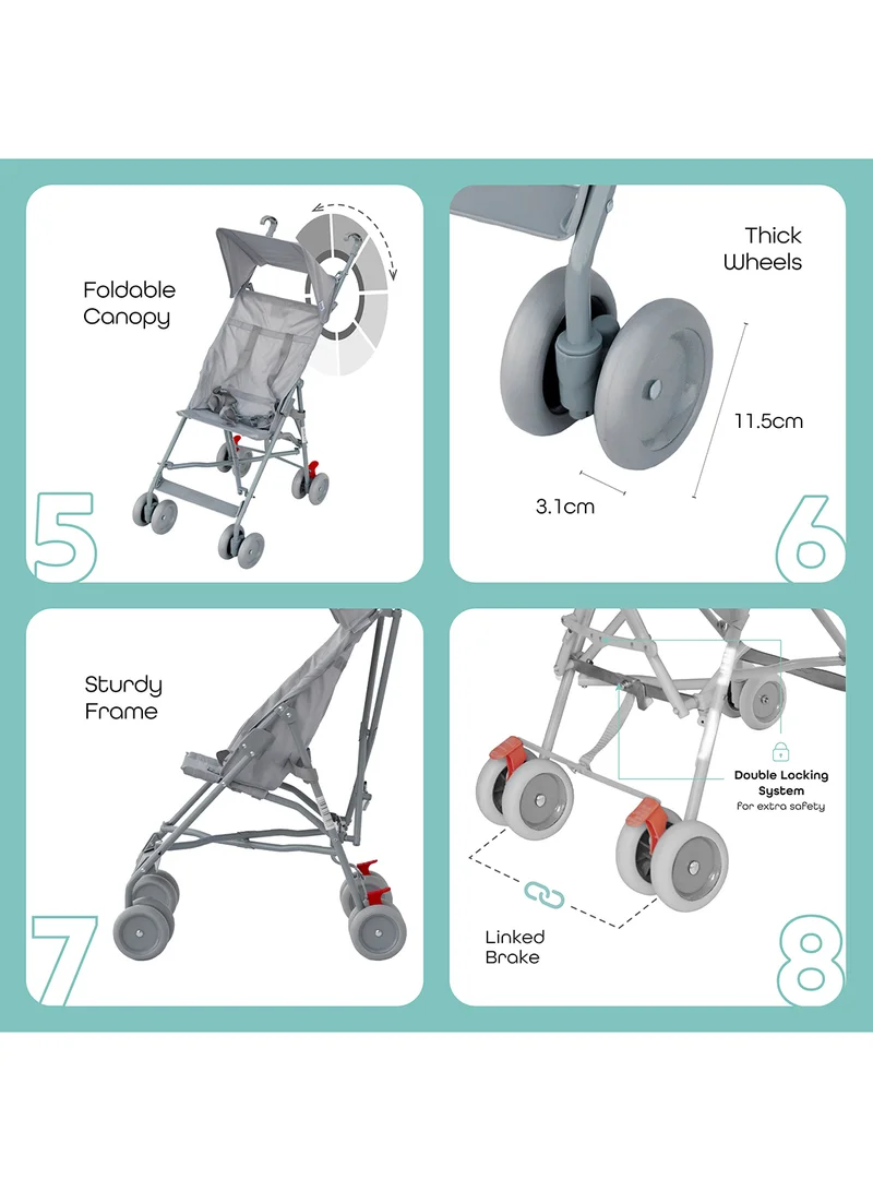 Moon Jet Baby Stroller – Lightest Buggy with Umbrella Fold, Wide Canopy, Compact And Travel-Friendly, for Babies 6m to 3yrs (up to 15kg) – Light Grey