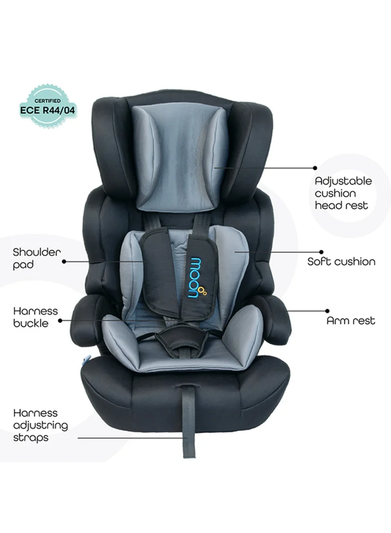 Moon Tolo Car Seat – Adjustable Headrest, Baby Travel Gear for 9 Months to 11 Years, Safety and Comfort Focused, Easy Install – Grey