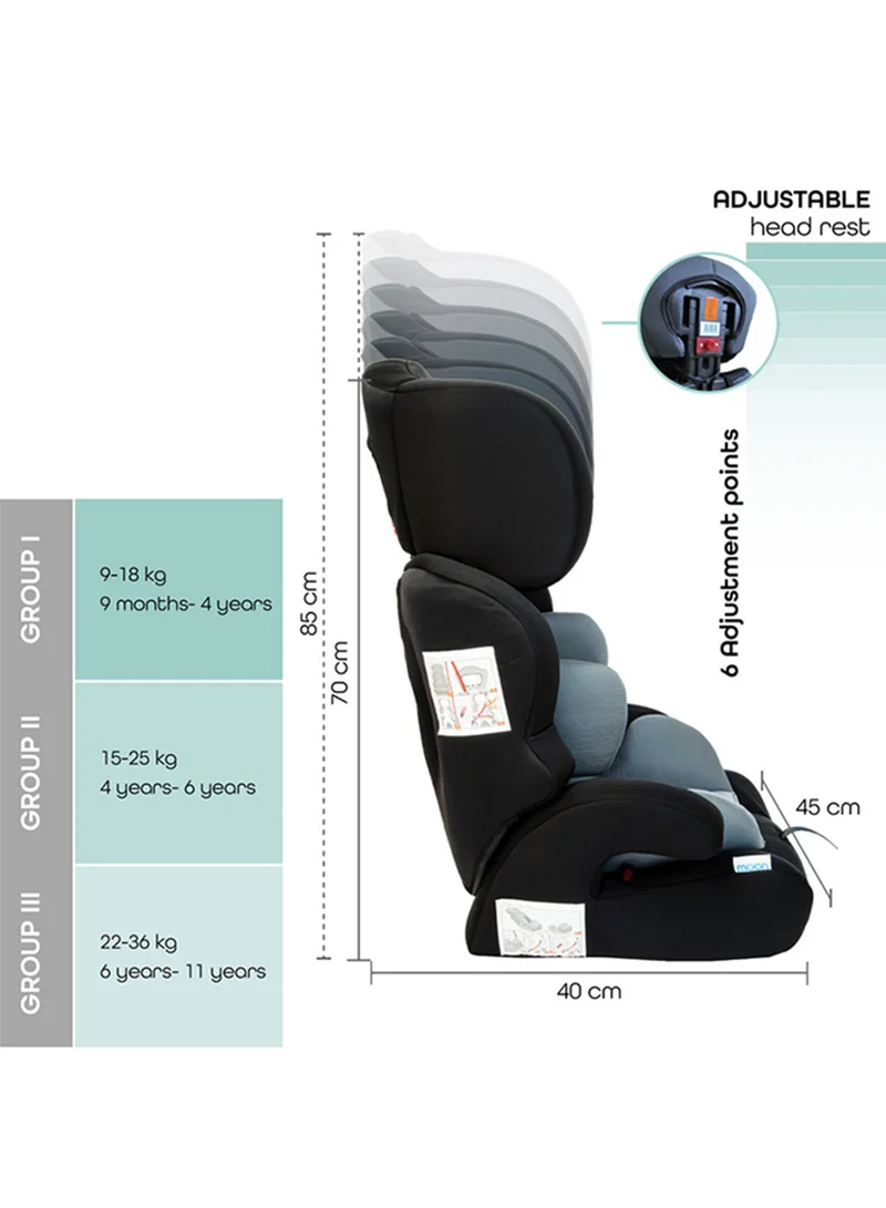 Moon Tolo Car Seat – Adjustable Headrest, Baby Travel Gear for 9 Months to 11 Years, Safety and Comfort Focused, Easy Install – Grey