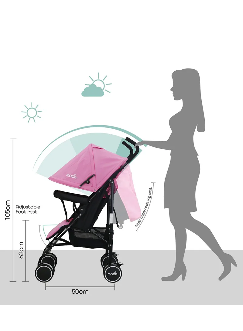 Moon Neo Plus Lightweight Travel Stroller – Umbrella Fold, Multi-Recline, Storage Basket, Compact And Travel-Friendly, 0m+ to 18kg – Pink