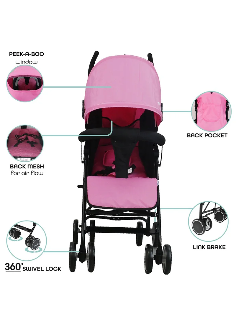Moon Neo Plus Lightweight Travel Stroller – Umbrella Fold, Multi-Recline, Storage Basket, Compact And Travel-Friendly, 0m+ to 18kg – Pink