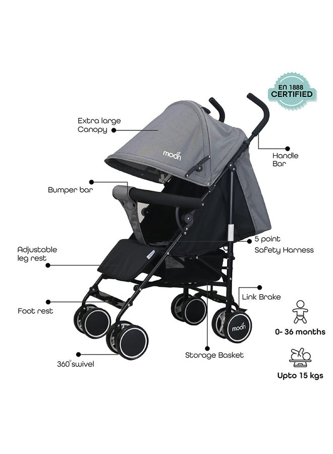 Moon Strek Lightweight Travel Stroller – Umbrella Fold, Multi-Recline, Storage Basket, Compact And Travel-Friendly, 0m+ to 18kg – Black + Grey Dots - Image 3