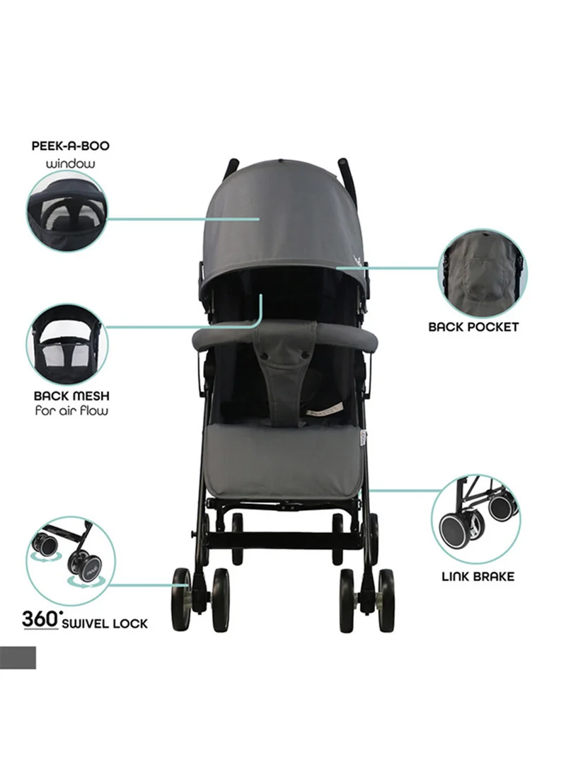 Moon Neo Plus Lightweight Travel Stroller – Umbrella Fold, Multi-Recline, Storage Basket, Compact And Travel-Friendly, 0m+ to 18kg – Grey