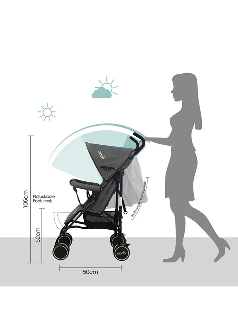Moon Neo Plus Lightweight Travel Stroller – Umbrella Fold, Multi-Recline, Storage Basket, Compact And Travel-Friendly, 0m+ to 18kg – Grey