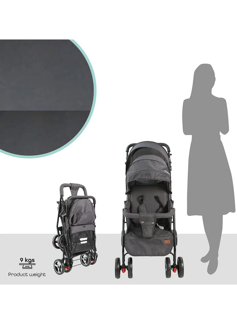 Moon Magnum Tandem Easy Fold Twin Travel Stroller – Compact And Lightweight, Suitable 0m+, Up to 15kg per Seat – Black And Grey Dot