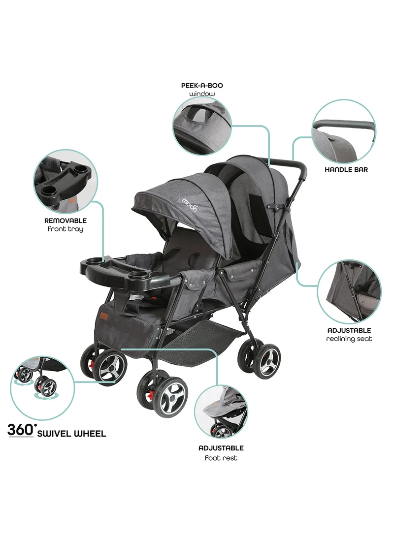 Moon Magnum Tandem Easy Fold Twin Travel Stroller – Compact And Lightweight, Suitable 0m+, Up to 15kg per Seat – Black And Grey Dot
