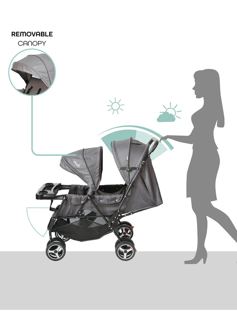 Moon Magnum Tandem Easy Fold Twin Travel Stroller – Compact And Lightweight, Suitable 0m+, Up to 15kg per Seat – Black And Grey Dot
