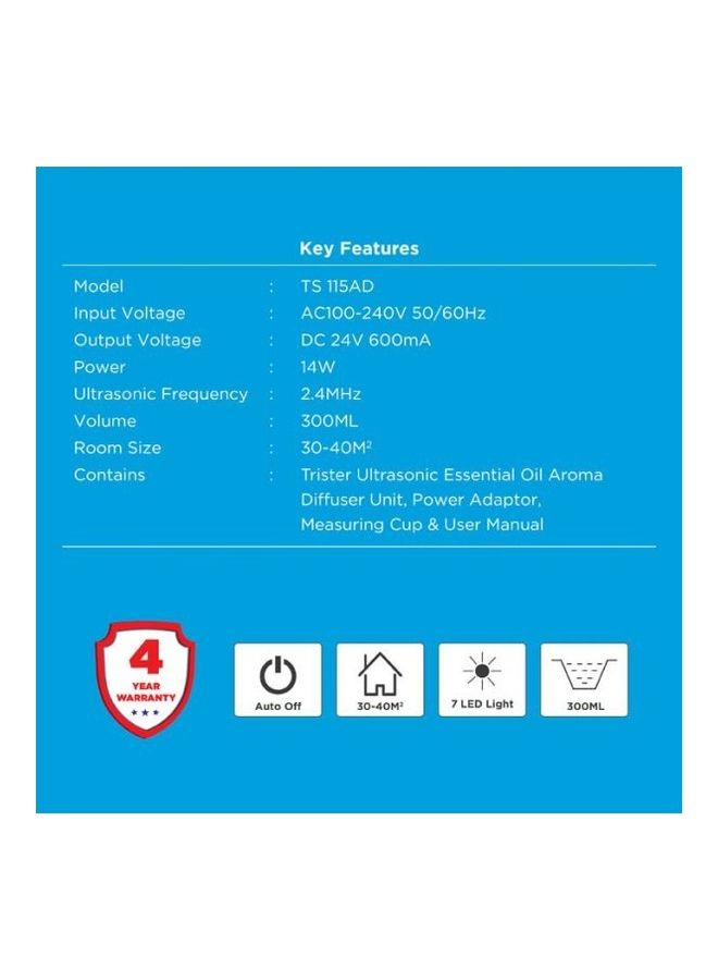 تريستر موزع روائح الزيوت العطرية بالموجات فوق الصوتية إسين، لون أبيض: طراز Ts-115Ad - Image 2