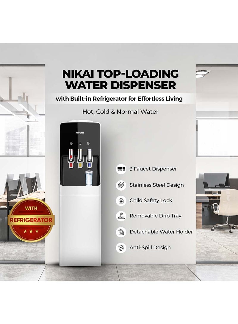Top Loading Water Dispenser With 3 Tap Design Hot, Cool, Normal Water, Compressor Cooling, 16L Refrigerator Stainless Steel Tank, Low Noise, Anti-Bacterial Design, Anti-Spill NWD1400R White/Black/Silver