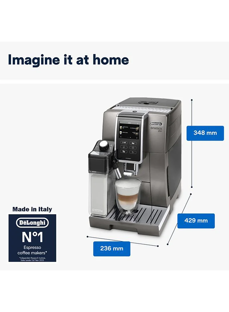 De'Longhi Dinamica Plus, Bean to Cup Fully Automatic Coffee Machine, Smart One Touch Cappuccino, Latte Macchiato, Espresso Maker, 19 Bar 1450 W ECAM370.95.T titanum