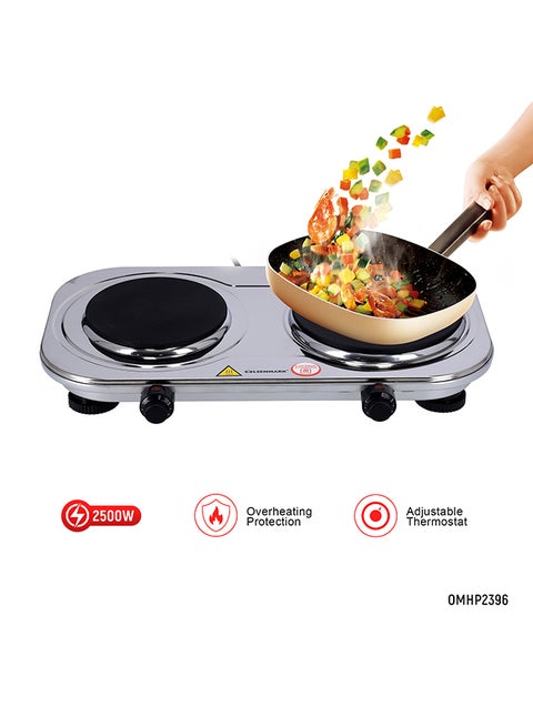 Electric Double Burner Hot Plate with Stainless Steel, Overheat Protection, Auto-thermostat Control & Indicator Light 2500 W OMHP2396 Silver/Black