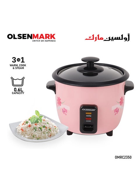 Multifunctional Rice Cooker With Non-Stick Inner Pot With Cool Touch Handle/Includes Cook And Keep Warm Functions, Equipped With Tempered Glass Lid, Rice Spoon, Plastic Inner Steamer And Measuring Cup 0.6 L 350 W OMRC2350H Pink/Silver