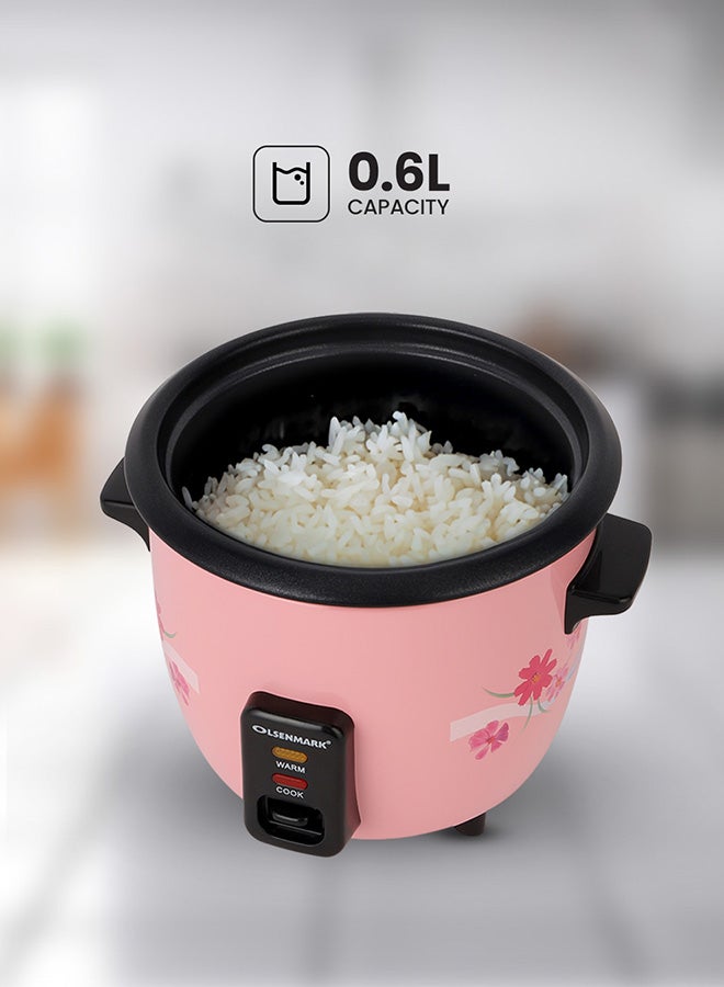 Multifunctional Rice Cooker With Non-Stick Inner Pot With Cool Touch Handle/Includes Cook And Keep Warm Functions, Equipped With Tempered Glass Lid, Rice Spoon, Plastic Inner Steamer And Measuring Cup 0.6 L 350 W OMRC2350H Pink/Silver