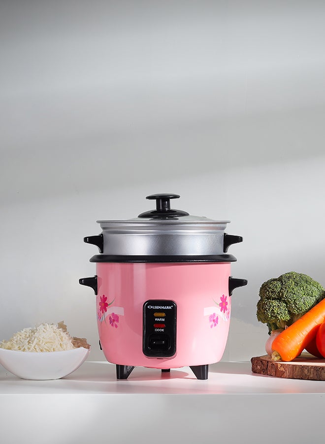Multifunctional Rice Cooker With Non-Stick Inner Pot With Cool Touch Handle/Includes Cook And Keep Warm Functions, Equipped With Tempered Glass Lid, Rice Spoon, Plastic Inner Steamer And Measuring Cup 0.6 L 350 W OMRC2350H Pink/Silver