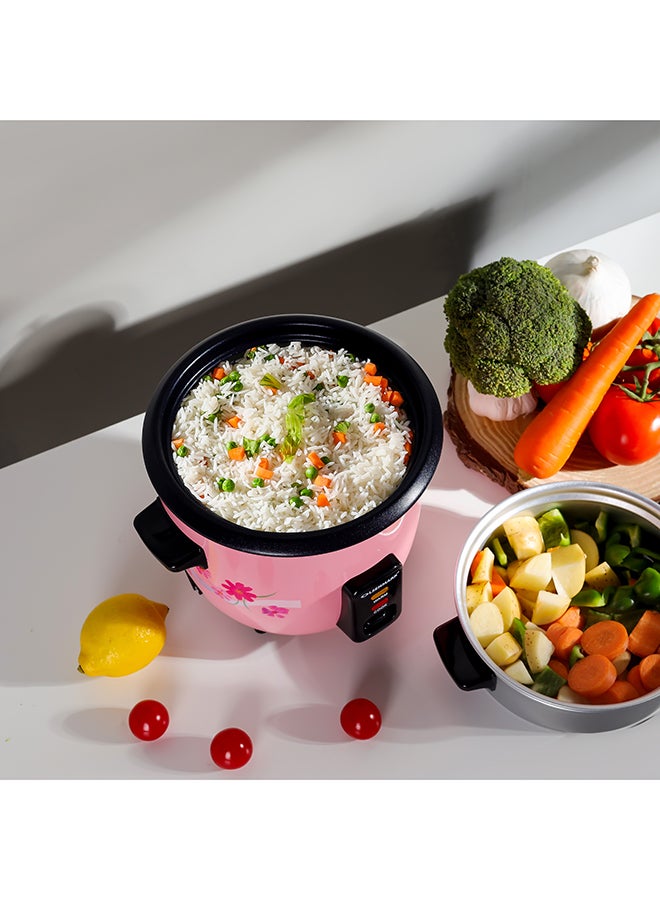 Multifunctional Rice Cooker With Non-Stick Inner Pot With Cool Touch Handle/Includes Cook And Keep Warm Functions, Equipped With Tempered Glass Lid, Rice Spoon, Plastic Inner Steamer And Measuring Cup 0.6 L 350 W OMRC2350H Pink/Silver