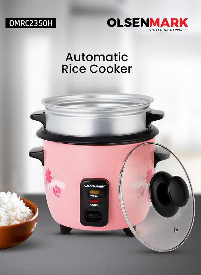 Multifunctional Rice Cooker With Non-Stick Inner Pot With Cool Touch Handle/Includes Cook And Keep Warm Functions, Equipped With Tempered Glass Lid, Rice Spoon, Plastic Inner Steamer And Measuring Cup 0.6 L 350 W OMRC2350H Pink/Silver